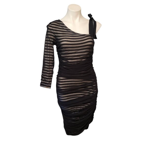 BCBG Max Azria Cocktail Dress Striped One Shoulder Size Medium Black White - Picture 4 of 10